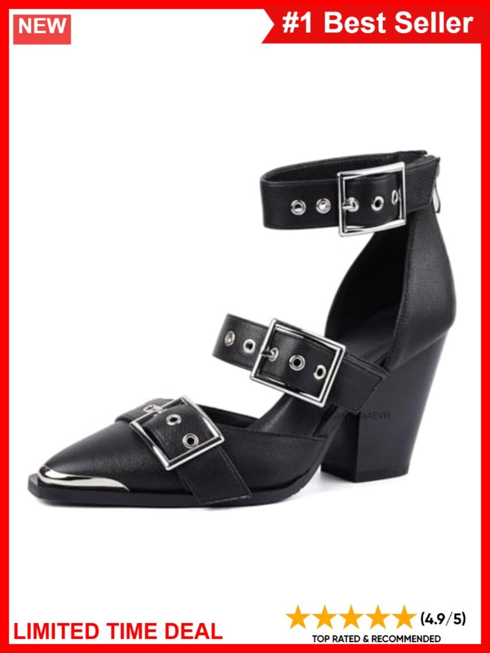 Western Block Heel Sandals Pointed Toe Faux Leather Buckle Zip